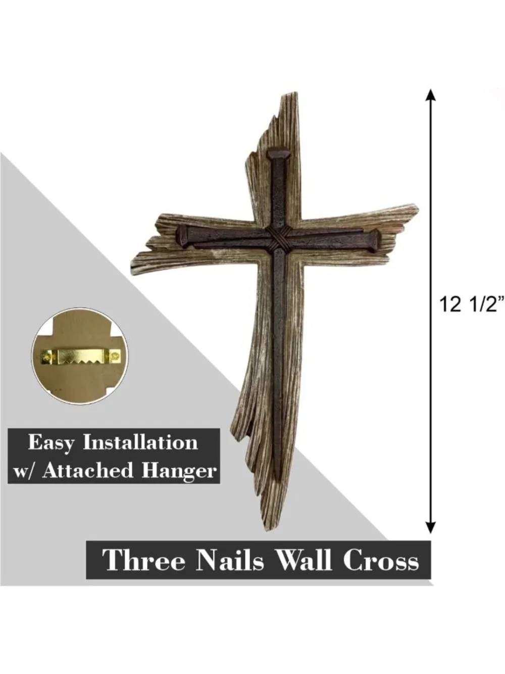Rustic 3-Nail Wall Cross - 12.5” Resin Christian Decor with Weathered Wood Look